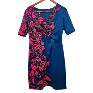 Donna Ricco Navy Pink Floral V-Neck Sheath Dress Size 10P